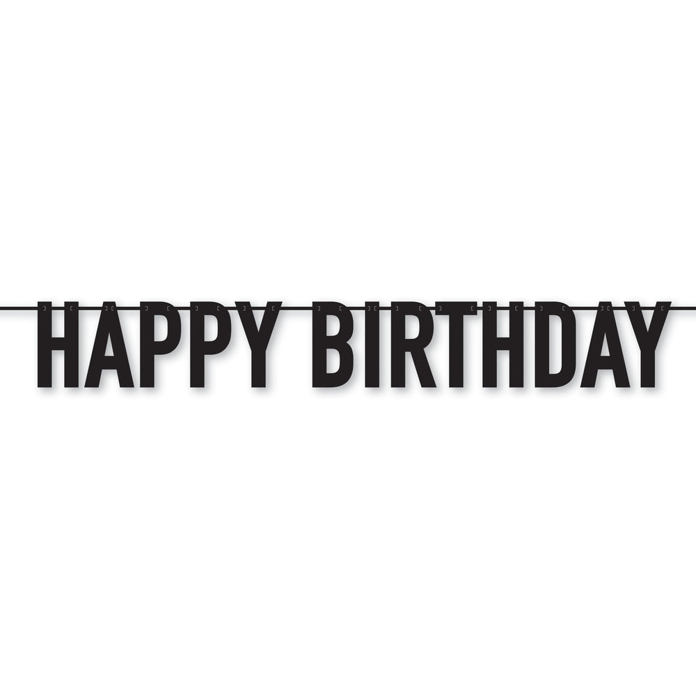Black 'Happy Birthday' banner on a white background