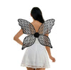 Person wearing black lace butterfly wings on a white background