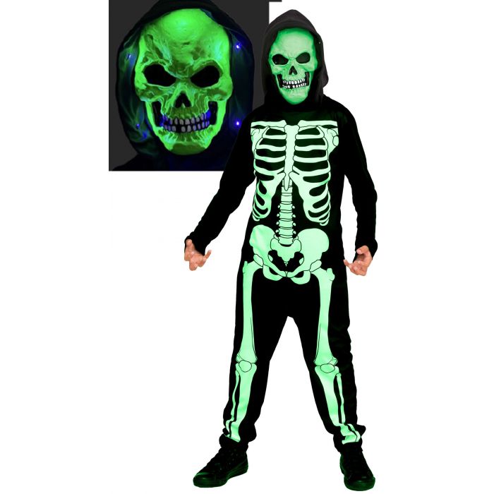 A child wearing a black Halloween skeleton costume with glowing green bone print, a matching skull mask, and black shoes, shown on a white background with an inset close-up of the skull mask.