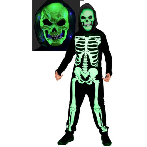 A child wearing a black Halloween skeleton costume with glowing green bone print, a matching skull mask, and black shoes, shown on a white background with an inset close-up of the skull mask.