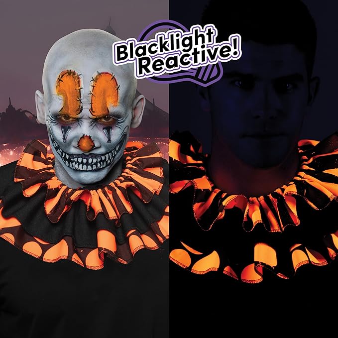 Halloween-themed outfit with blacklight reactive properties, featuring a clown mask and costume.