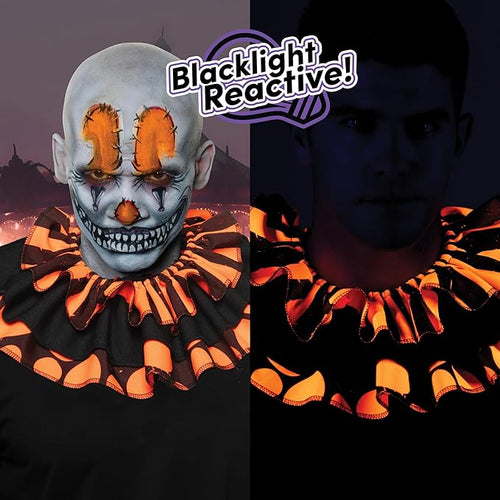 Halloween-themed outfit with blacklight reactive properties, featuring a clown mask and costume.