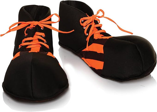 Black clown shoes with orange laces on a white background