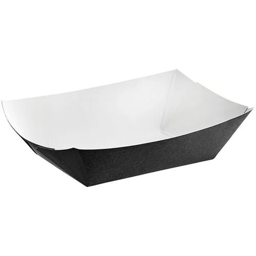 Black paper food tray with white interior on a white background