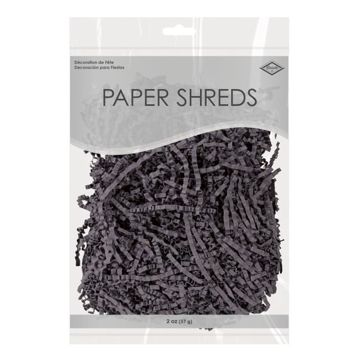 Packaged black paper shreds with a clear front panel on a white background