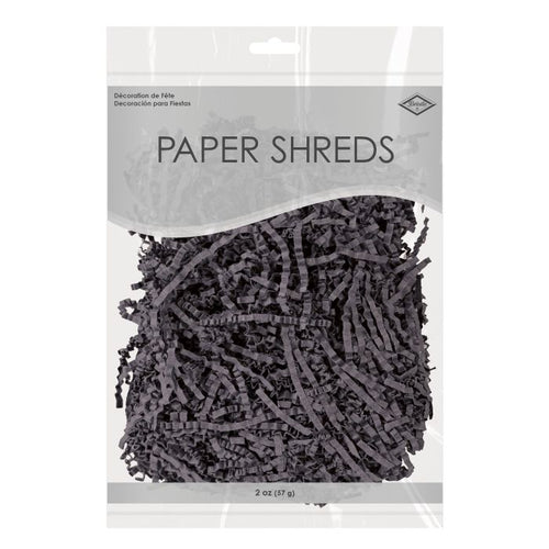 Packaged black paper shreds with a clear front panel on a white background