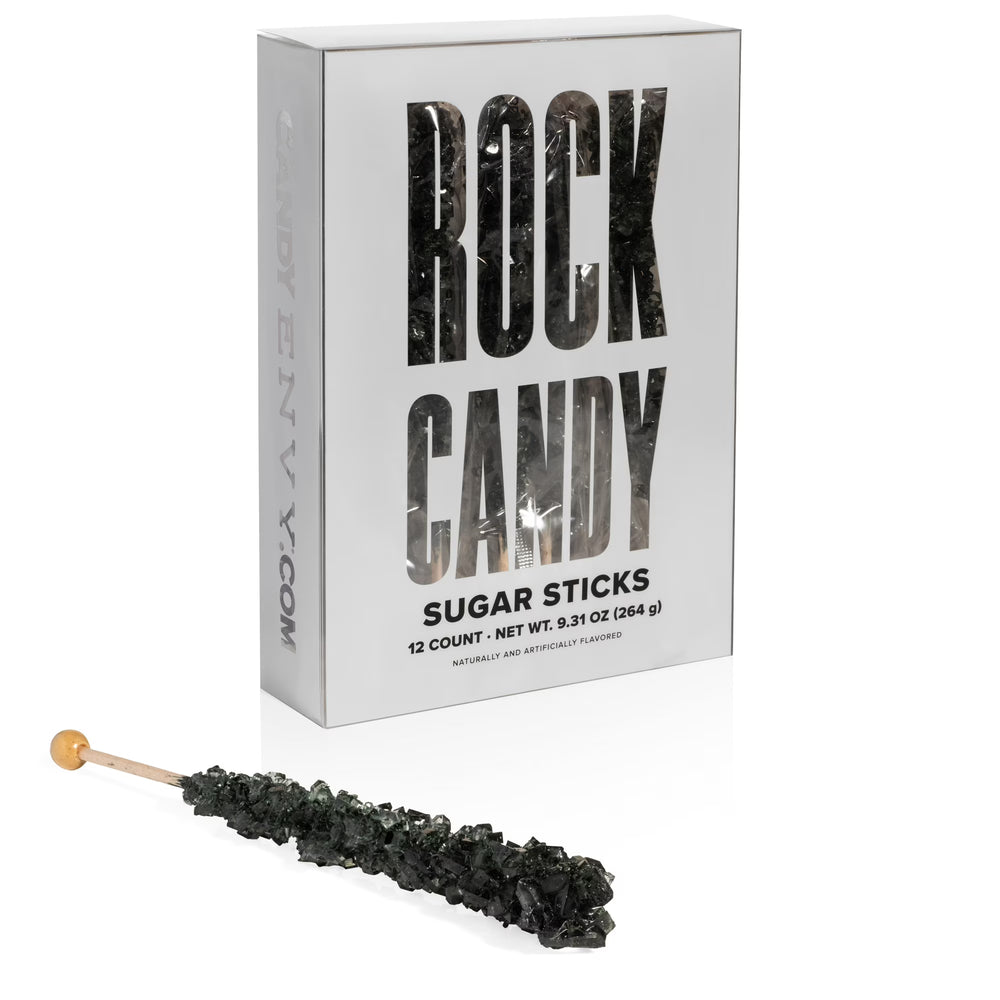 Box of Rock Candy Sugar Sticks with a single stick displayed in front on a white background