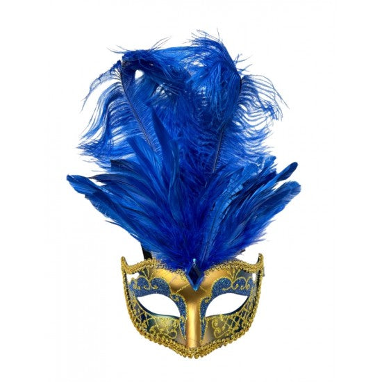 Black & Silver Venetian Eye Mask with Feathers | Blue & Gold