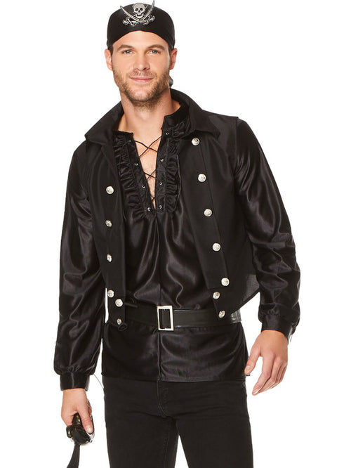 Man wearing a black satin pirate costume with buttons on a white background