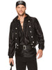 Man wearing a black satin pirate costume with buttons on a white background