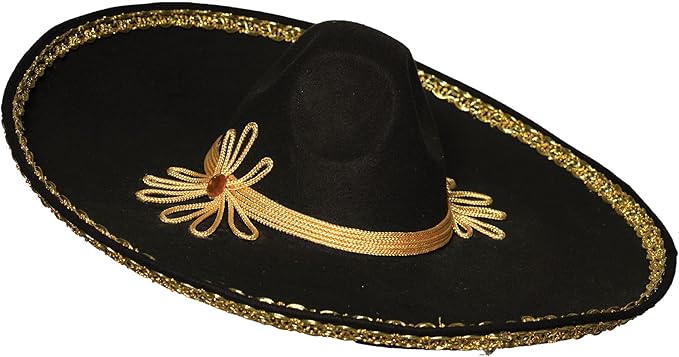Black sombrero with gold trim and decorative band on a white background
