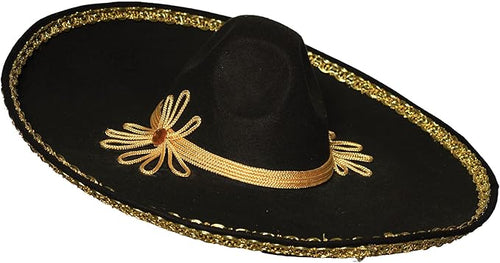 Black sombrero with gold trim and decorative band on a white background