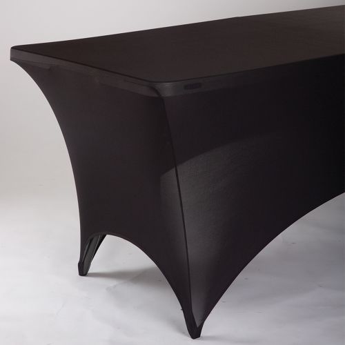 Black stretch cover on a rectangular table against a white background