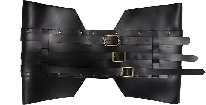 Black leather armor piece with gold buckles on a white background