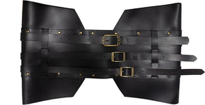 Black leather armor piece with gold buckles on a white background