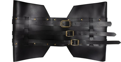 Black leather armor piece with gold buckles on a white background