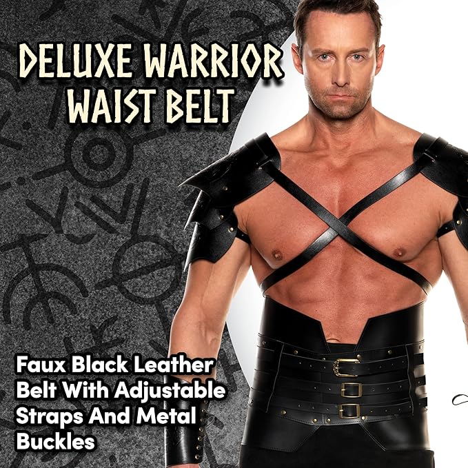 Man wearing a black leather waist belt with adjustable straps and metal buckles on a dark background.