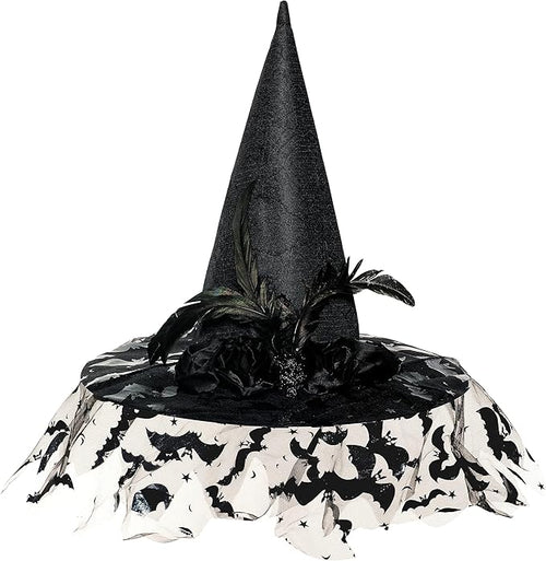 Black witch hat with decorative elements on a white background