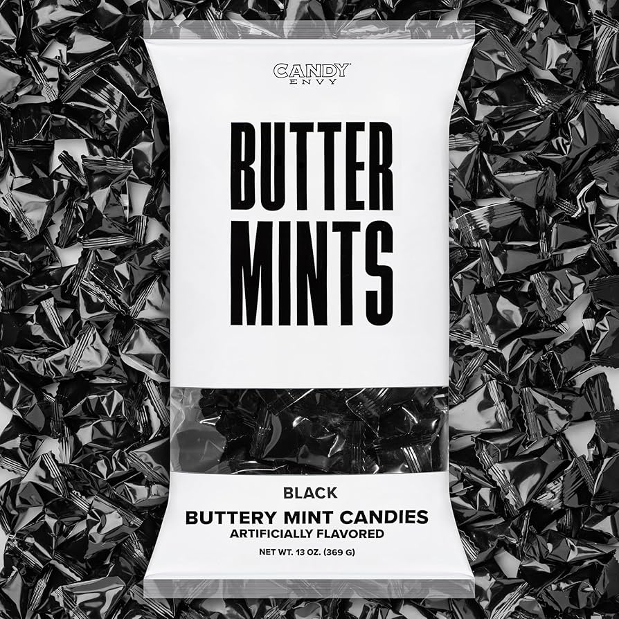 Bag of black buttery mint candies with 'Candy Envy' branding on a black background.
