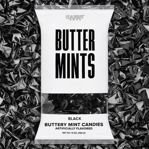 Bag of black buttery mint candies with 'Candy Envy' branding on a black background.
