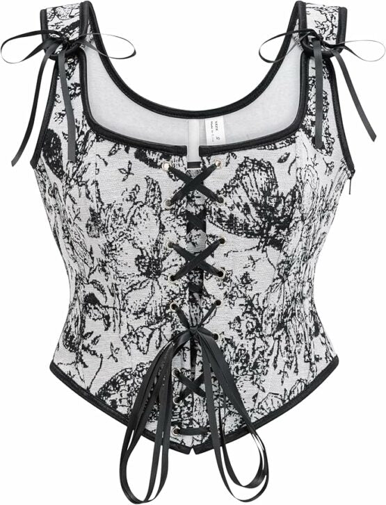 Black and White Floral Print Corset