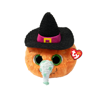 Ty Beasty plush pumpkin toy with a black witch hat, pink and yellow buckle detail, green eyes, and a white fuzzy nose on a black background.