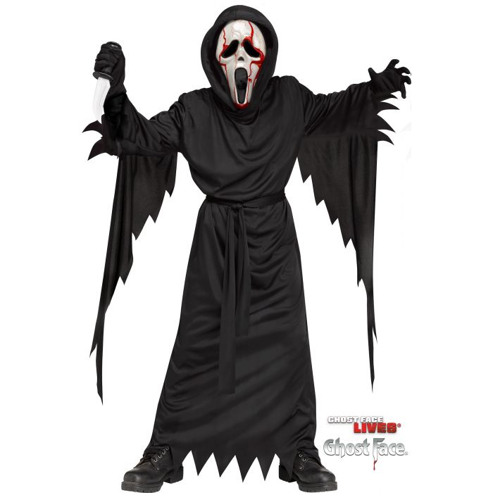 A child wearing a Ghostface-style Halloween costume on a plain white background. The costume includes a black hooded robe with jagged edges, black gloves, black wing-like sleeves, and a white mask with red blood-like details around the eyes and mouth.