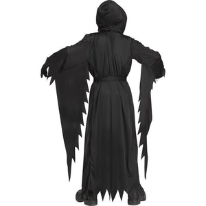 A black hooded costume robe with long draped sleeves and jagged, wing-like extensions at the sides, shown from the back on a plain white background.