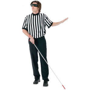 A man modeling a blindfolded referee costume consisting of a black and white vertically striped short-sleeve shirt, black pants, black shoes, black blindfold sunglasses, and holding a white sight-ray cane with a red tip, against a plain white background.