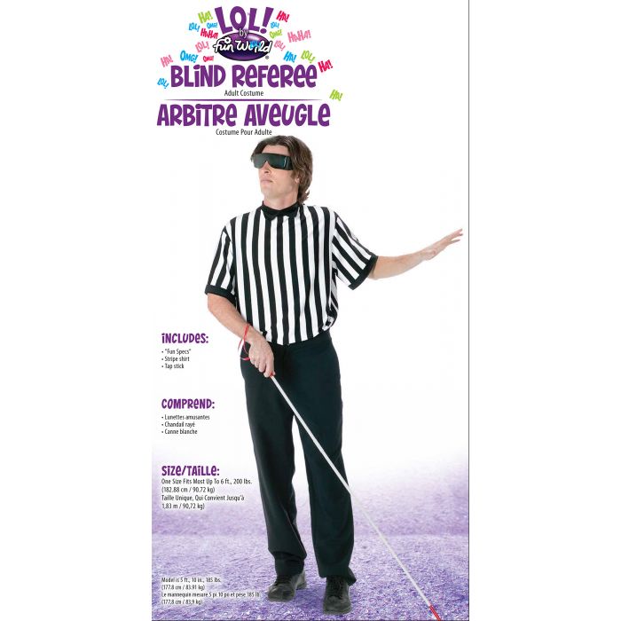 A person modeling a referee costume against a white background, wearing a black-and-white vertically striped shirt, black pants, black shoes, and black sunglasses, and holding a white cane. The image includes product text in English and French, including 'Loll' 'Blind Referee' and 'Arbitre Aveygue'.