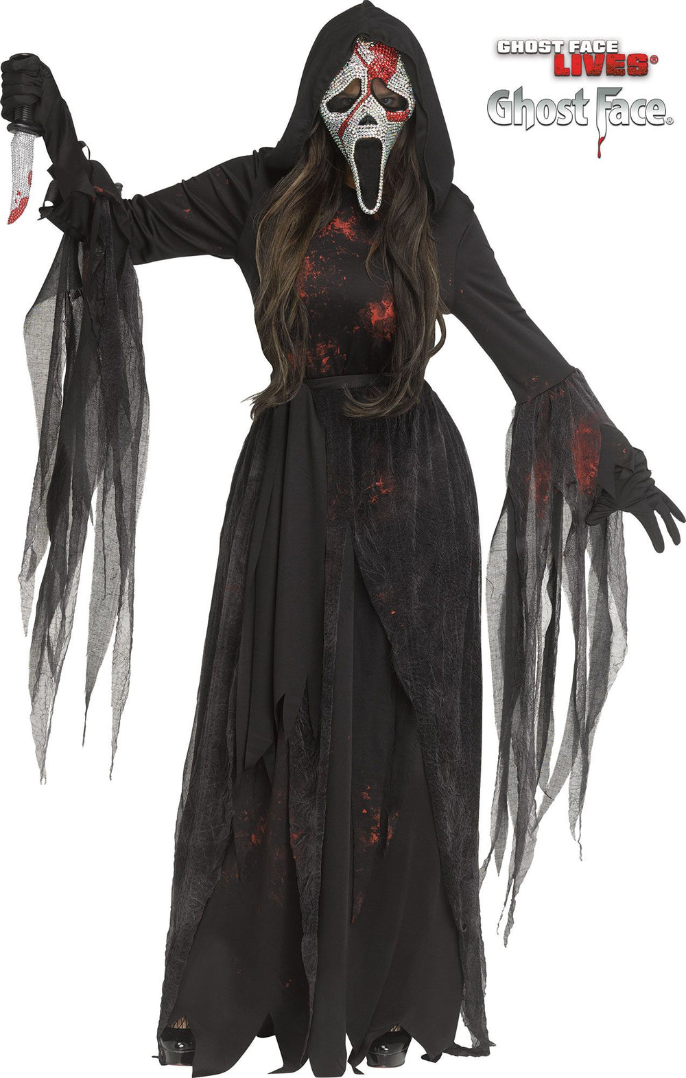 Halloween costume with ghostly figure, mask, and knife, featuring 'Ghostface' from 'Scream'.