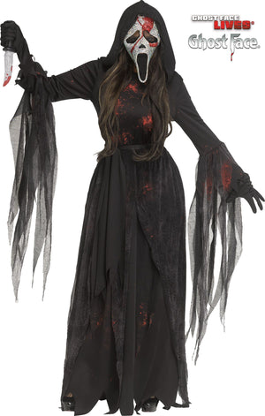 Halloween costume with ghostly figure, mask, and knife, featuring 'Ghostface' from 'Scream'.