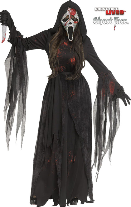 Halloween costume with ghostly figure, mask, and knife, featuring 'Ghostface' from 'Scream'.