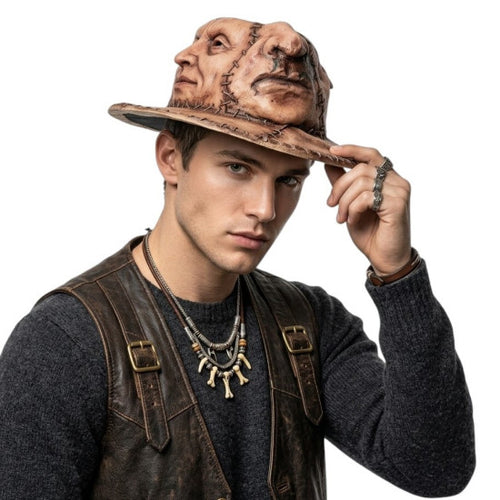 A man wearing a brown leather vest and necklace, tipping his hat which features a detailed sculpted face on the brim, against a solid white background.
