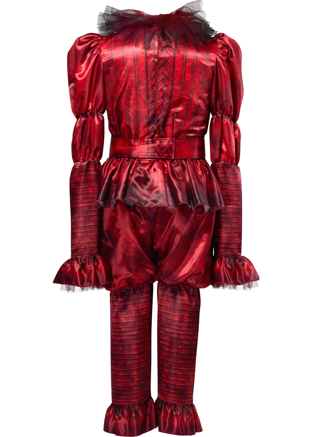 Red satin costume with ruffled details on a white background