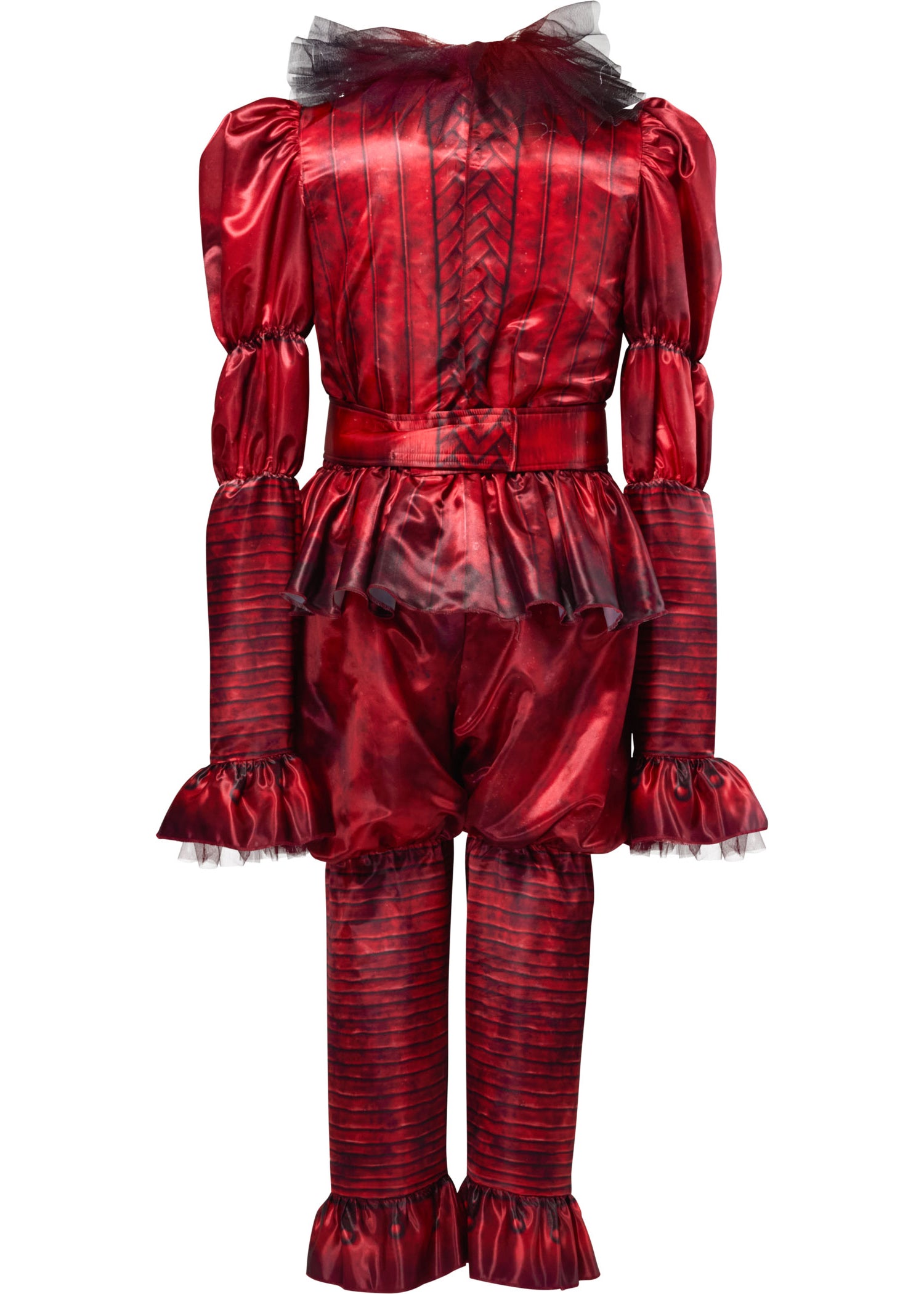Red satin costume with ruffled details on a white background