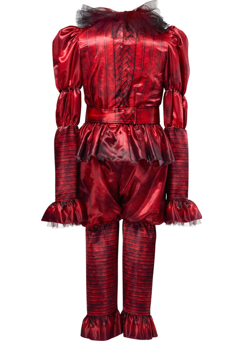 Red satin costume with ruffled details on a white background