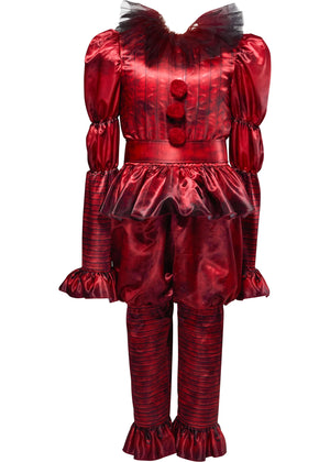 Red metallic clown costume with ruffled details on a white background