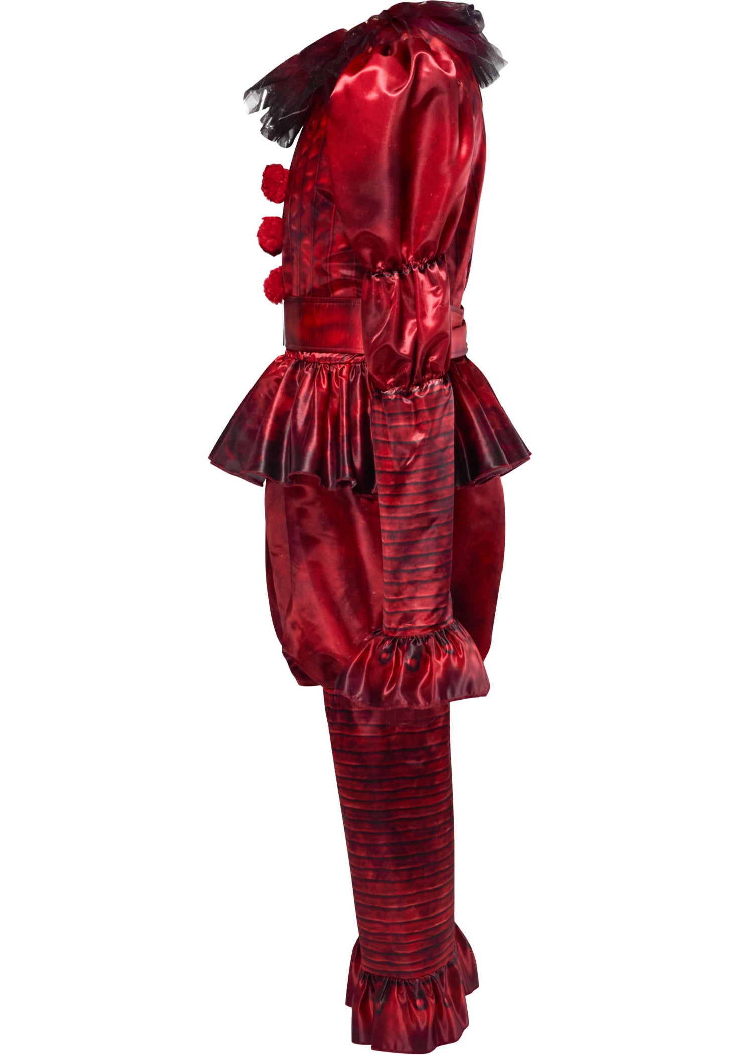 Red satin outfit with ruffled details on a white background