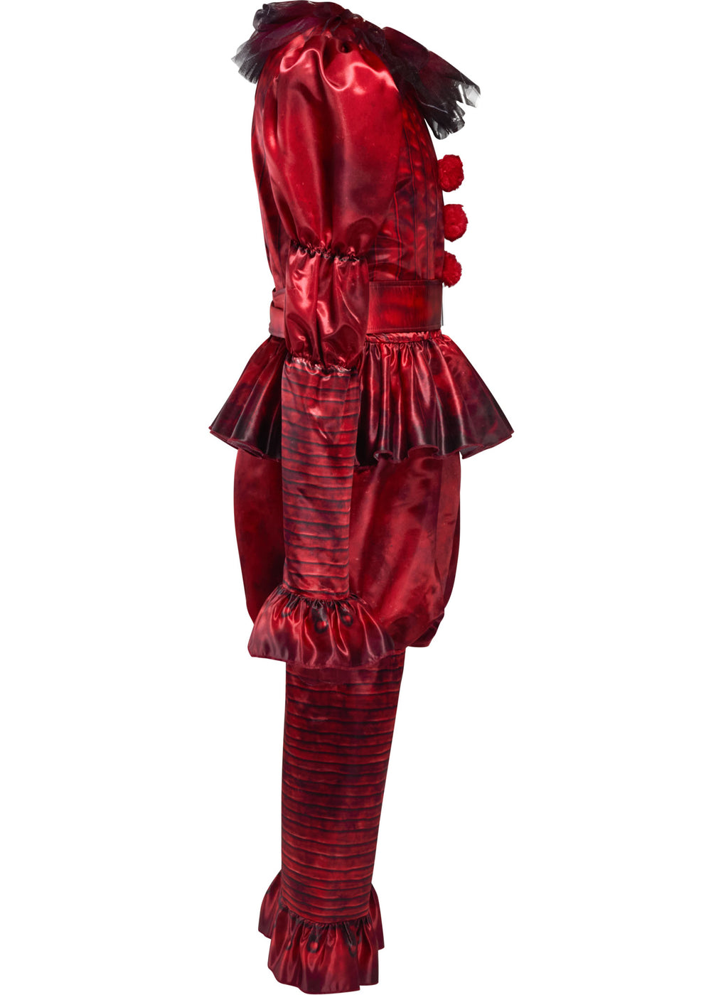 Red clown costume with ruffled details on a white background