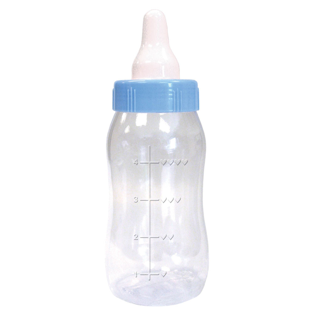 Clear baby bottle with a blue cap on a white background