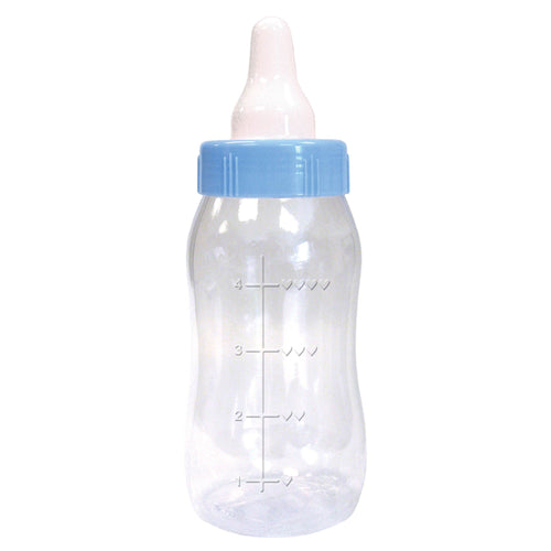 Clear baby bottle with a blue cap on a white background