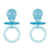 Two blue baby pacifiers on a white background
