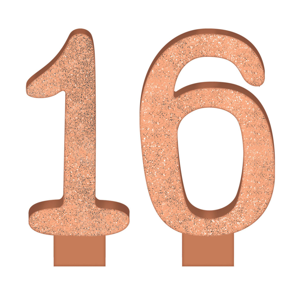 Copper-colored number '16' on a white background