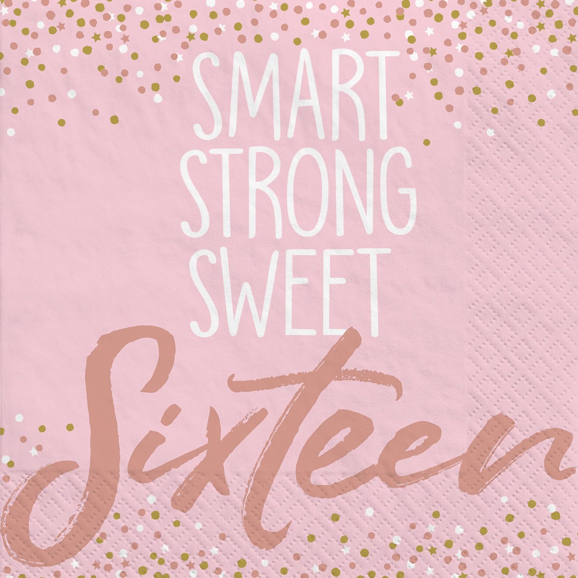 Pink napkin with 'Smart Strong Sweet Sixteen' text and confetti on a pink background