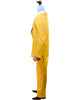 Person wearing a yellow jumpsuit with a blue beanie on a white background