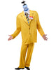 Person wearing a yellow suit with a blue mask and 'Bob' name tag on a white background