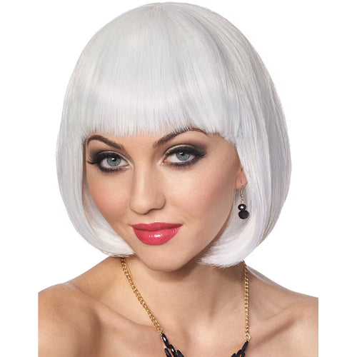 A woman wearing a short, straight, silver-white bob wig with blunt bangs, shown against a plain white background.