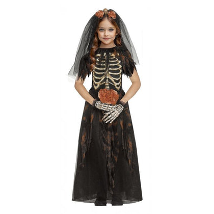 Child wearing a Halloween costume with skeleton and black veil design on a white background