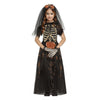 Child wearing a Halloween costume with skeleton and black veil design on a white background